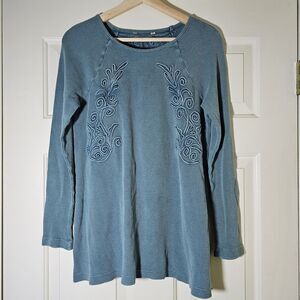 Soft Surroundings Women Tunic Top S? Teal Mineral Washed Embroidered Thermal